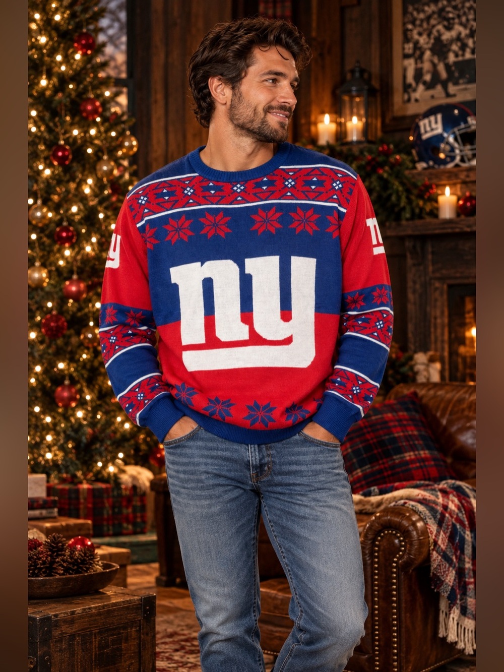 Ugly Christmas Sweater Mens 2XL New York Giants NFL Holiday Fair Isle